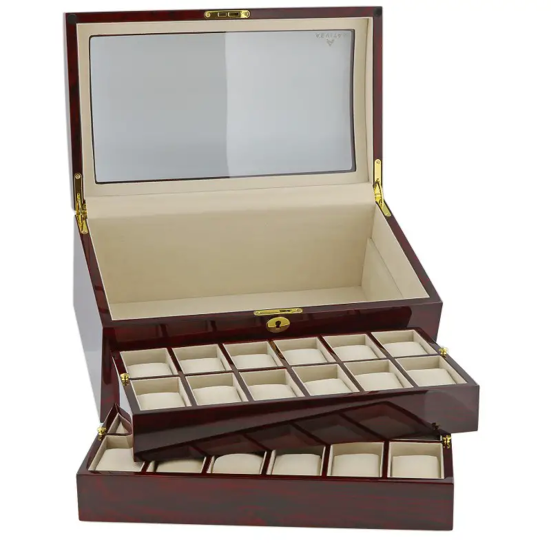 a view of the 24 watch box holder open with the wooden trays laid infront
