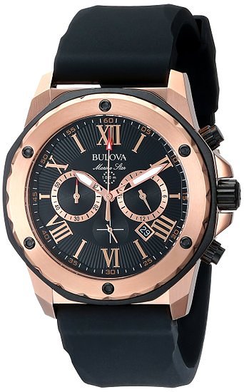 Bulova Marine Star Men's Quartz Watch with Black Dial Analogue Display and Black Rubber Strap 98B104