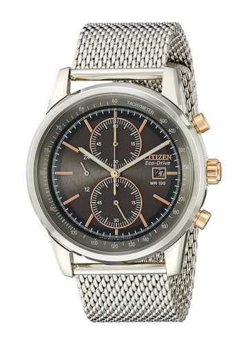 Citizen Watch Mesh Men's Quartz Watch with Grey Dial Chronograph Display and Silver Stainless Steel Bracelet CA0336-52H