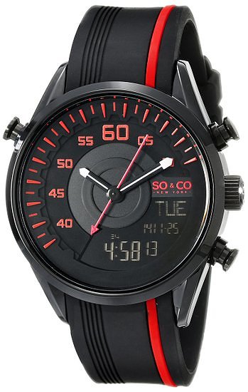 So & Co New York Soho Men's Quartz Watch with Black Dial Analogue - Digital Display and Black Silicone Strap 5044.2