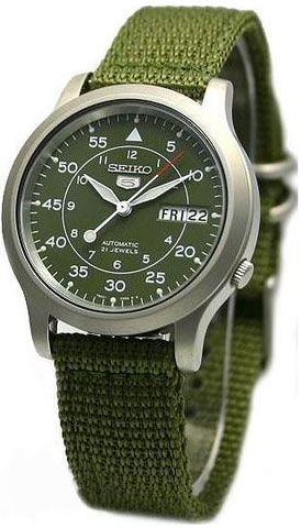 Seiko 5 Men's Automatic Watch with Green Dial Analogue Display and Green Fabric Strap SNK805K2