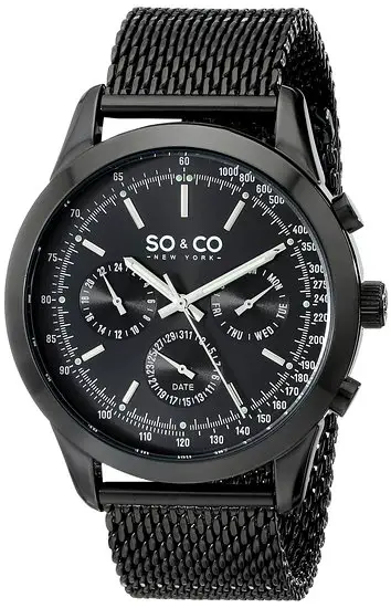 So & Co New York Monticello Men's Quartz Watch with Black Dial Analogue Display and Black Stainless Steel Bracelet 5006A.3