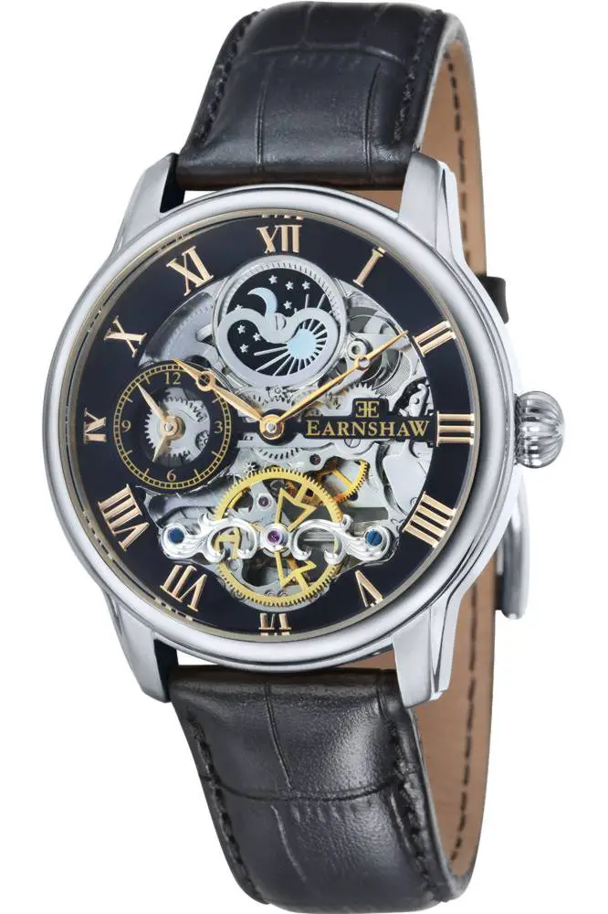 Thomas Earnshaw Skeleton Longtitude Men's Automatic Watch with Black Dial Analogue Display and Black Leather Strap ES-8006-04