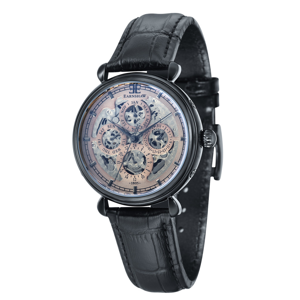 Thomas Earnshaw Grand Calendar from the Midnight Collection Men's Automatic Watch with Grey Dial Analogue Display and Black Leather Strap ES-8043-06