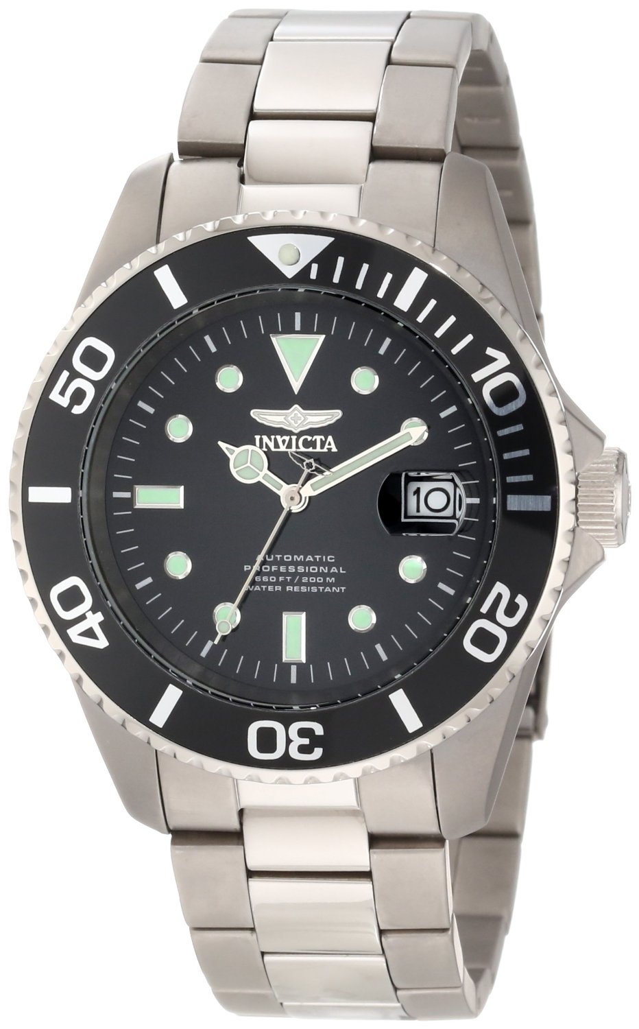Invicta Pro Diver Men's Automatic Watch with Black Dial Analogue Display and Silver Titanium Bracelet 0420