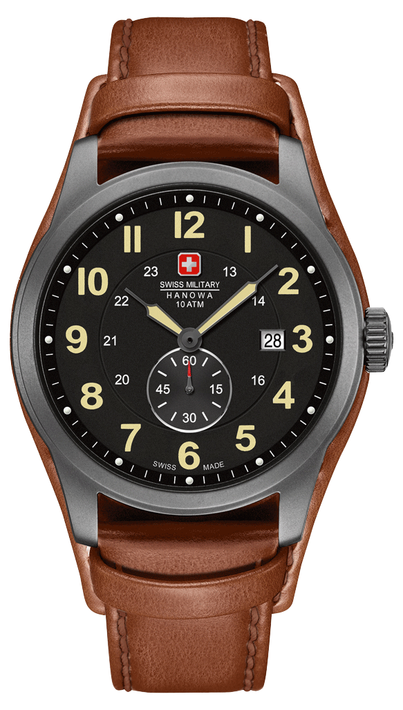 Swiss Military Trooper Men's Quartz Watch with Black Dial Analogue Display and Brown Leather Cuff 6-4215.30.007.05