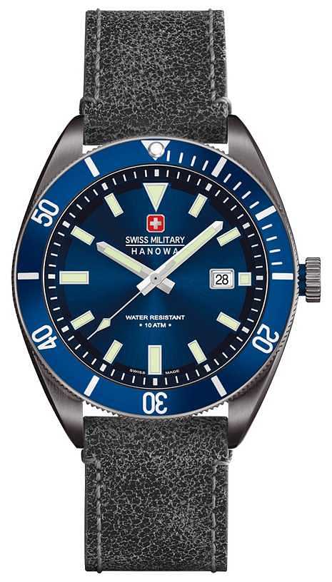 Swiss Military Skipper Men's Quartz Watch with Blue Dial Analogue Display and Black Leather Strap 6-4214.30.003