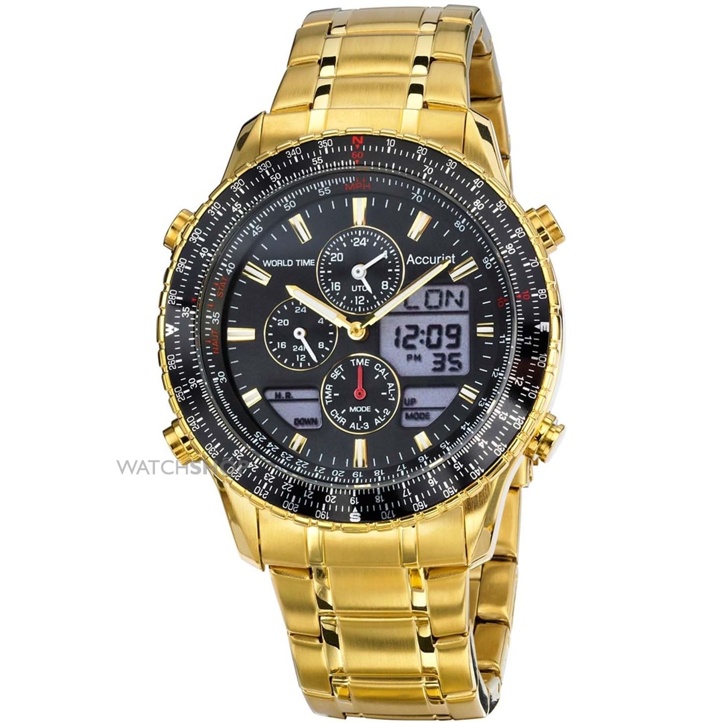 Accurist Men's Quartz Watch with Black Dial Analogue - Digital Display and Gold Stainless Steel Plated Bracelet MB1030B