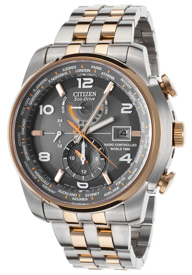 Citizen Watch World Time A.T Men's Quartz Watch with Grey Dial Analogue Display and Multicolour Stainless Steel Plated Bracelet AT9016-56H