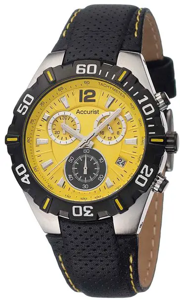 Accurist Chronograph Yellow Dial Black Leather Strap Gents Watch MS832Y