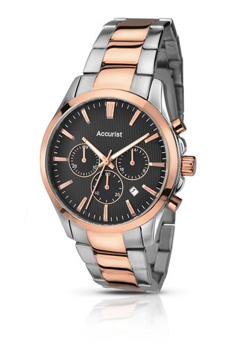Accurist Men's Quartz Watch with Black Dial Chronograph Display and Two Tone Stainless Steel Rose Gold Plated Bracelet MB643B