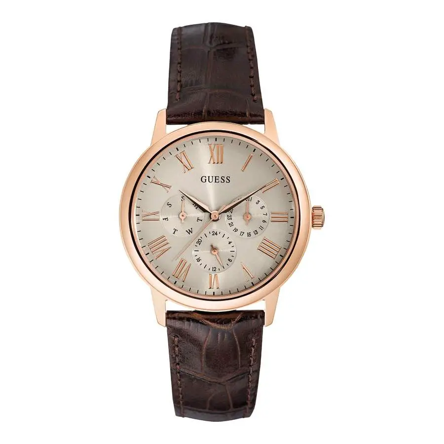 Guess Mens Gents W0496G1 Wafer Gents Rose Gold Tone Multi-Dial Brown Leather Strap Wrist Watch