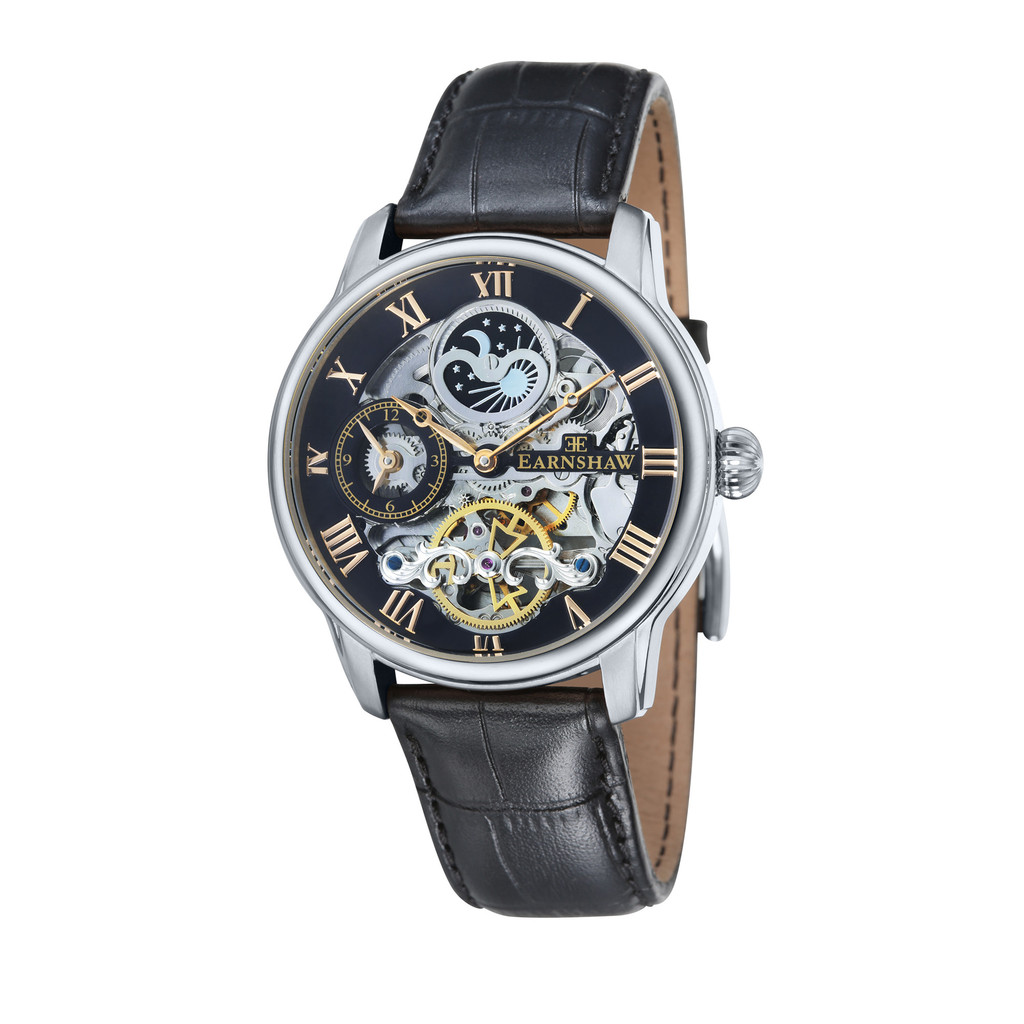 Thomas Earnshaw Skeleton Longtitude Men's Automatic Watch with Black Dial Analogue Display and Black Leather Strap ES-8006-04