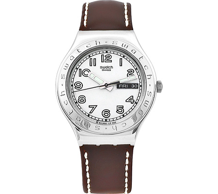 Swatch Mens Casse Cou White Dial Brown Leather Strap Watch