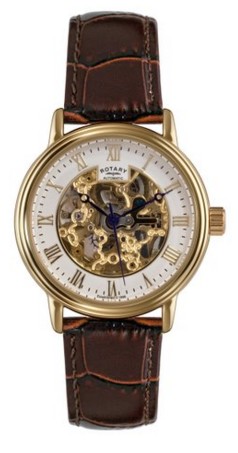 Rotary Men's Automatic Watch with White Dial Analogue Display and Brown Leather Strap