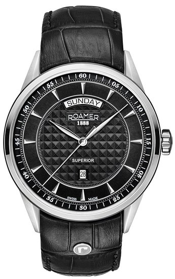 Roamer Superior Day Date Men's Quartz Watch with Black Dial Analogue Display and Black Leather Strap 508293 41 55 05