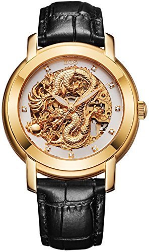 BOS Men's 'Dragon Collection' Luxury Calfskin Band Automatic Mechanical Skeleton Gold Watch 9007