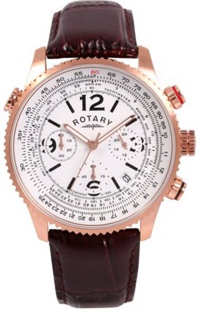 Rotary Timepieces Men's Quartz Watch with White Dial Chronograph Display and Rose Brown Leather Strap