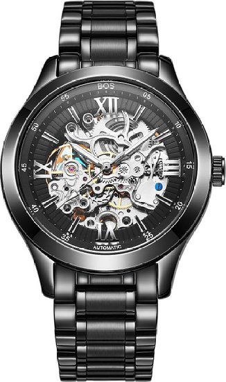 BOS Men's Automatic self-wind mechanical Waterproof Skeleton Watch Black Dial Stainless Steel Band 9008