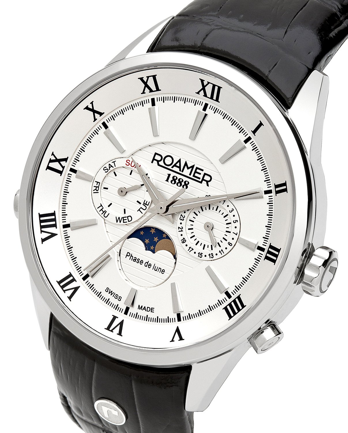 Roamer of Switzerland Superior Moonphase Men's Quartz Watch with White Dial Chronograph Display and Black Leather Strap 508821 41 13 05