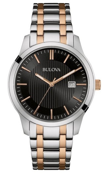 Bulova Dress Men's Quartz Watch with Black Dial Analogue Display and Two Tone Stainless Steel Rose Gold Plated Bracelet 98B264