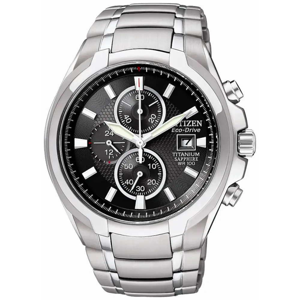 Citizen Men's Eco Drive Watch with Black Dial Chronograph Display and Silver Titanium Bracelet CA0260-52E