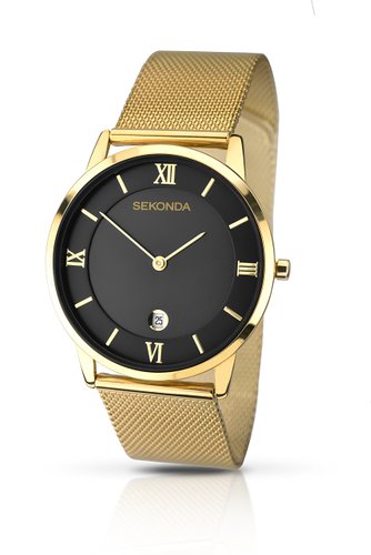 Sekonda Men's Quartz Watch with Black Dial Analogue Display and Gold Stainless Steel Bracelet 106427
