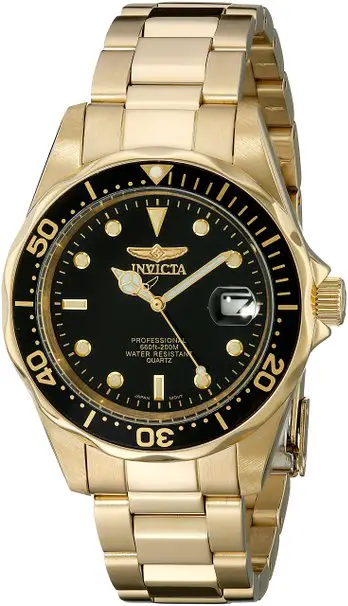 Invicta Pro Diver Unisex Quartz Watch with Black Dial Analogue display on Gold Plated Bracelet 8936