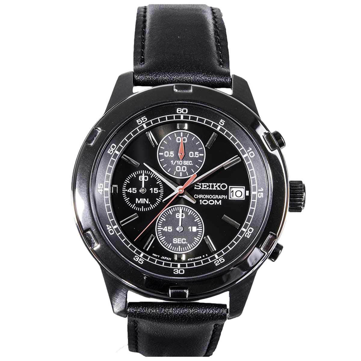 Seiko Mens Black Leather Strap Chronograph Sport Watch SKS439