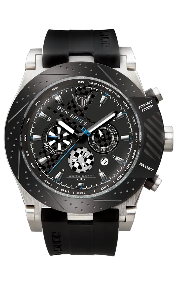 Jorg Gray Ben Spies Limited Edition Chrono Men's Quartz Watch with Black Dial Chronograph Display and Black Silicone Strap JG6700-11
