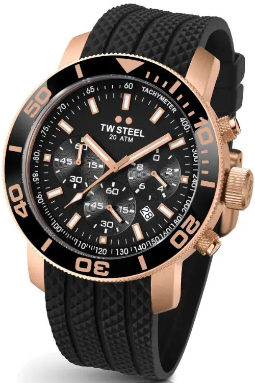 TW Steel Grandeur Diver Unisex Quartz Watch with Black Dial Chronograph Display and Black Silicone Strap TW703