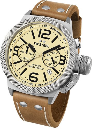 TW Steel Canteen Leather Unisex Quartz Watch with Yellow Dial Chronograph Display and Brown Leather Strap CS14