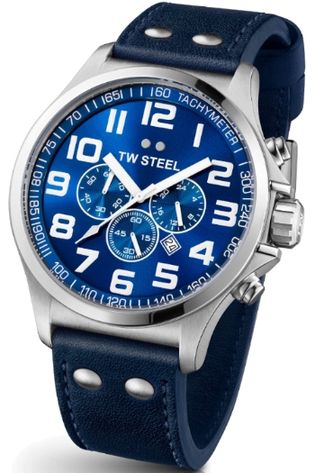 TW Steel Pilot Unisex Quartz Watch with Blue Dial Chronograph Display and Blue Leather Strap TW403