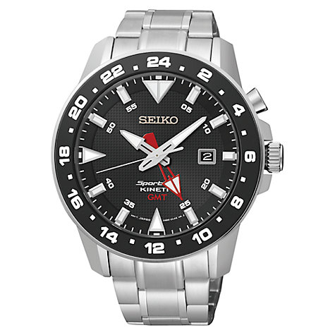 Gents/Mens Stainless Steel Seiko Sportura Kinetic GMT Watch on Bracelet with Black Dial, 100M Water Resistant & Sapphire Glass SUN015P1