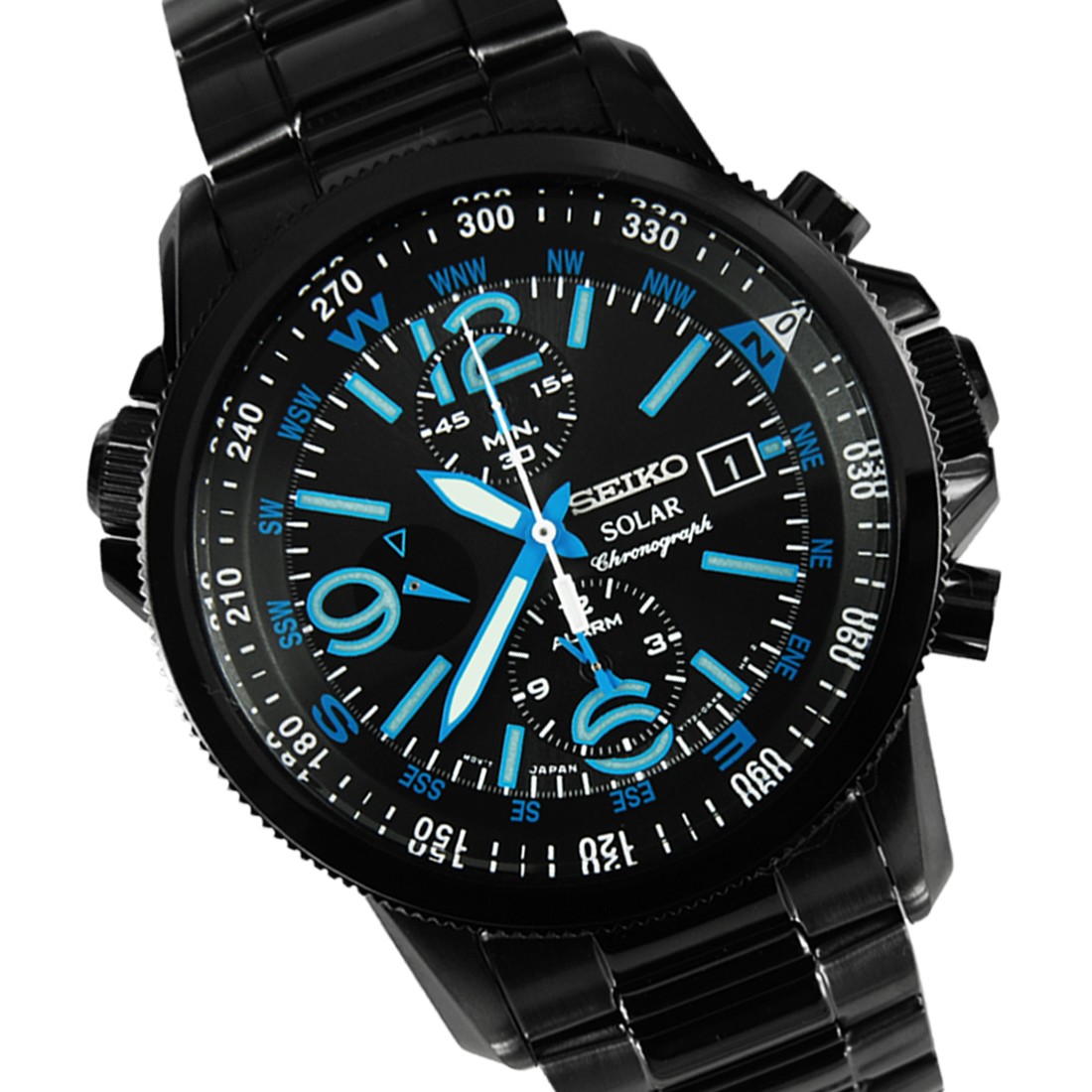 Seiko Men's SSC079 Solar Chronograph Black Bracelet Blue Numbers Watch