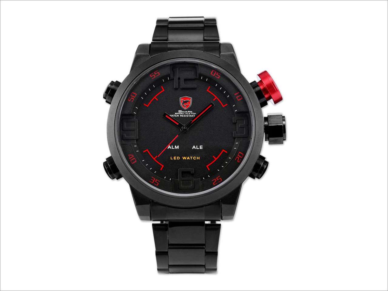 SHARK Mens LED Date Day Black Sport Military Stainless Steel Alarm Quartz Wrist Watch SH105