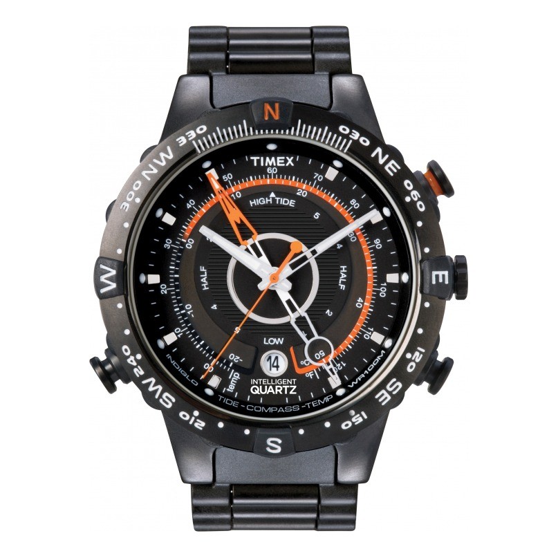 Timex Intelligent Quartz Men's Tide Temp Compass, Black IP Stainless Steel Case and Bracalet, Orange Accents - T2N723