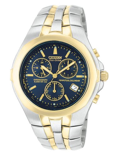 Citizen Men's Eco Drive Watch with Blue Dial Chronograph Display and Two Tone Stainless Steel Plated Bracelet BL5184-56L