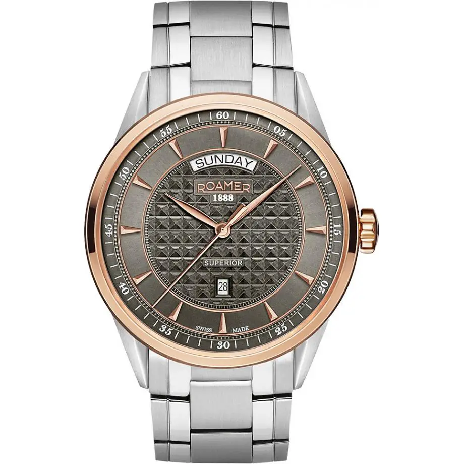 Roamer Superior Day Date Men's Quartz Watch with Grey Dial Analogue Display and Silver Stainless Steel Bracelet 508293 49 05 50