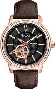 Bulova Automatic Men's Watch with Black Dial Analogue Display and Brown Leather Strap 97A109