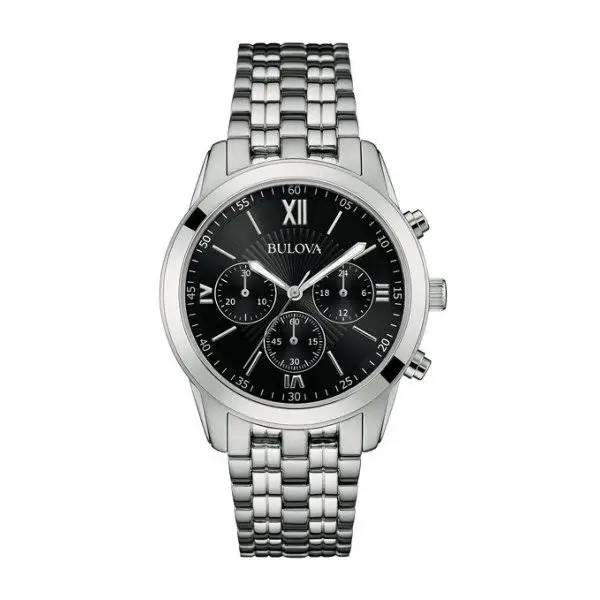 Bulova Classic Sports Men's Quartz Watch with Black Dial Chronograph Display and Silver Stainless Steel Bracelet 96A175