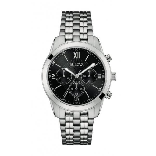 Bulova Classic Sports Men's Quartz Watch with Black Dial Chronograph Display and Silver Stainless Steel Bracelet 96A175