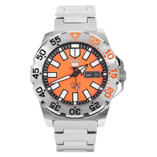 Seiko-SRP 483-5 Sports Men's Automatic Watch Analogue Dial Steel Bracelet Grey Orange