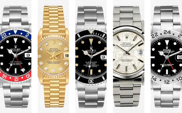 5 different popular Rolex watches are set next to eachother